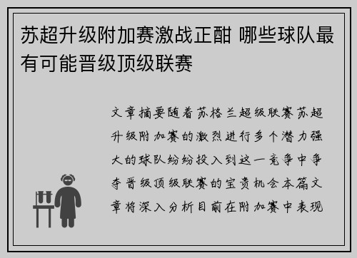 苏超升级附加赛激战正酣 哪些球队最有可能晋级顶级联赛